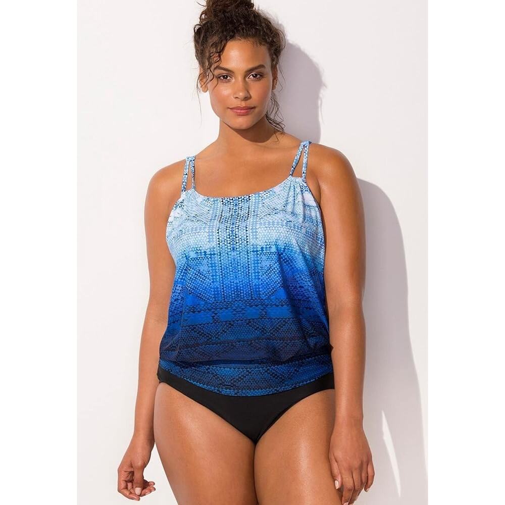 Swimsuits for All Loop Blouson One Piece Swimsuit Size 26 Blue Geometric NWT - Picture 1 of 15